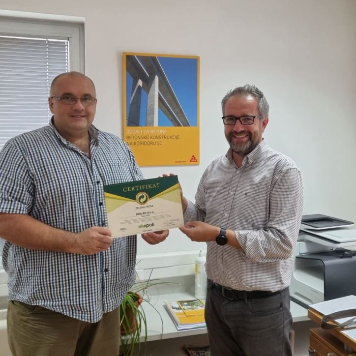 Uručen certifikat Zelena tačka 2020. kompaniji Sika BH d.o.o.