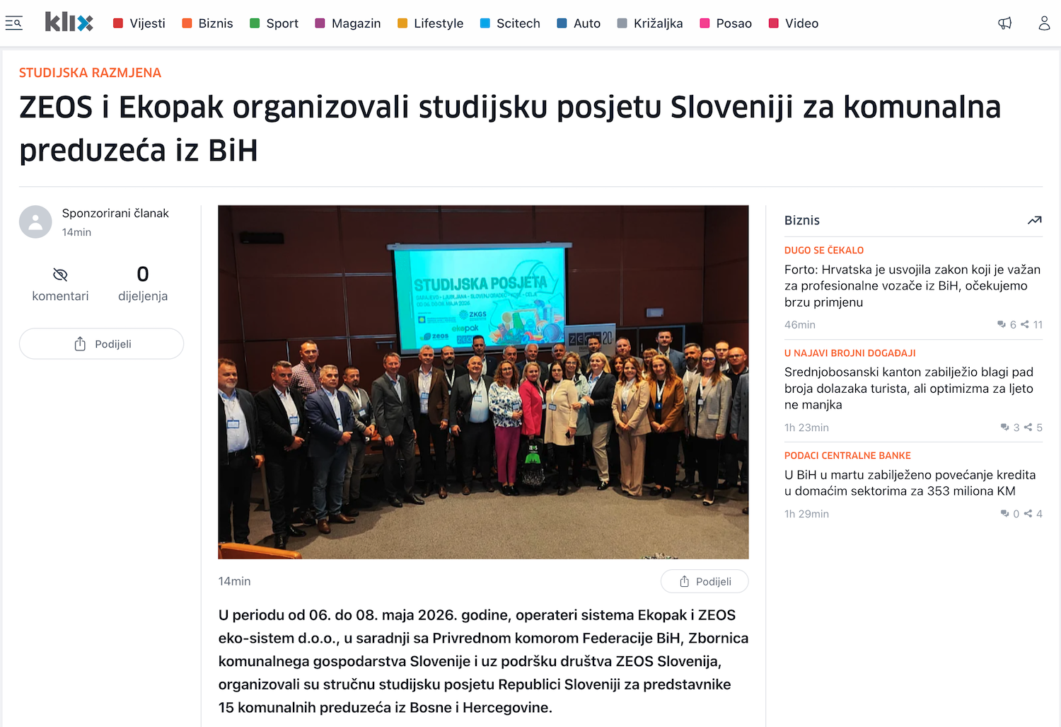 ZEOS i Ekopak organizovali studijsku posjetu Sloveniji za komunalna preduzeća iz BiH